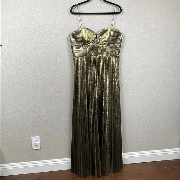 New Rebecca Vallance Josie Metallic Plisse Lame Gown Maxi Dress Gold Sz 12 - Picture 4 of 13